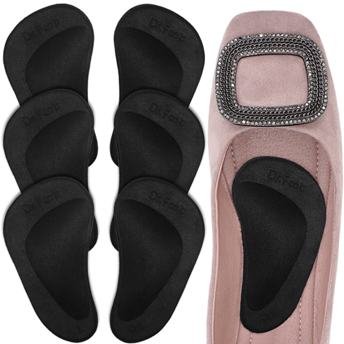 Dr. Foot's Fußgewölbe-Stützeinlagen für Plattfüße, Gel-Bogenstützen für Plantarfasziitis, Klebende Fußgewölbepolster zur Druckentlastung und Schmerzlinderung - 3 Paar (Schwarz, 3er-Pack)