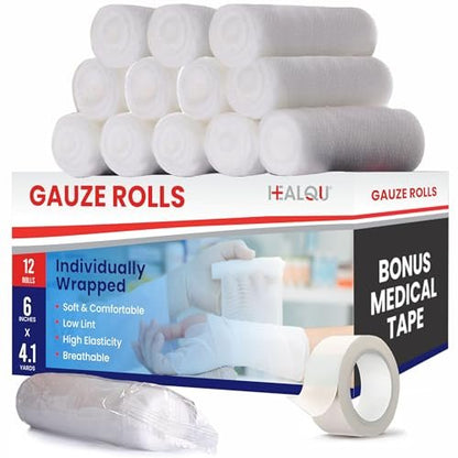 HEALQU Premium Mullbinden – 6' x 4,1 Yards – 12 Rollen, einzeln verpackt, konformierende Stretch-Gaze-Bandage – superweiche, gewebte Stretch-Bandagen für primäre Wundauflageunterstützung