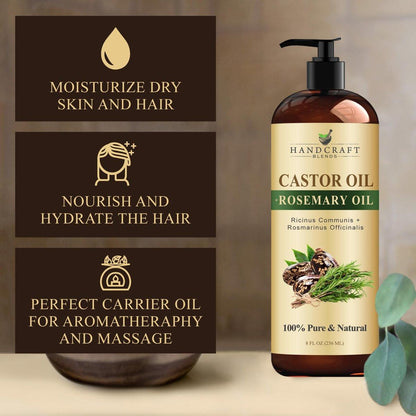 Handcraft Blends Rizinusöl mit Rosmarinöl 8 Fl Oz | 100% rein und natürlich | Premium Trägeröl für Haar, Wimpern und Augenbrauen | Haar und Körper