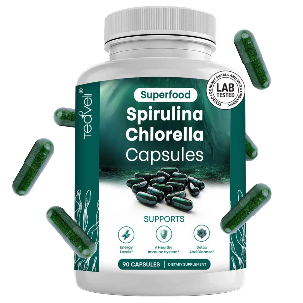 Spirulina und Chlorella Kapseln – Chlorophyll Tabletten & Blaualgen für kraftvolle Entgiftung, Energie & ein gesundes Immunsystem – 3x mehr Chlorella Spirulina Pulver/Portion – 90 Stück