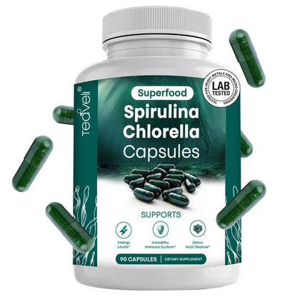 Spirulina und Chlorella Kapseln – Chlorophyll Tabletten & Blaualgen für kraftvolle Entgiftung, Energie & ein gesundes Immunsystem – 3x mehr Chlorella Spirulina Pulver/Portion – 90 Stück