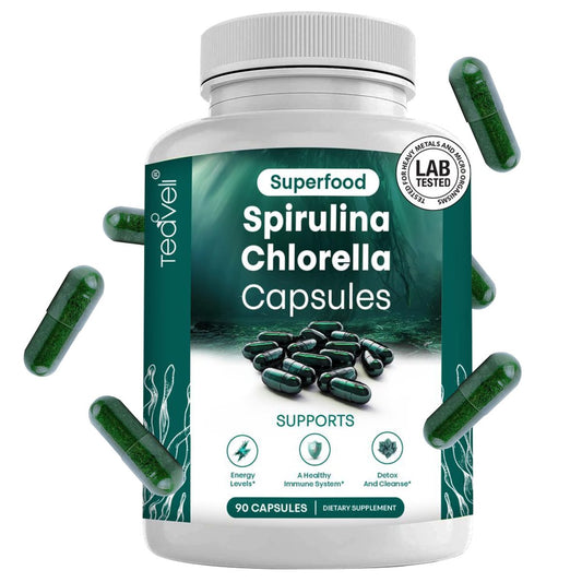 Spirulina und Chlorella Kapseln – Chlorophyll Tabletten & Blaualgen für kraftvolle Entgiftung, Energie & ein gesundes Immunsystem – 3x mehr Chlorella Spirulina Pulver/Portion – 90 Stück