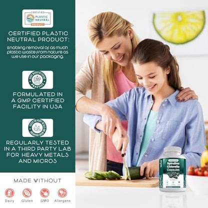 Spirulina und Chlorella Kapseln – Chlorophyll Tabletten & Blaualgen für kraftvolle Entgiftung, Energie & ein gesundes Immunsystem – 3x mehr Chlorella Spirulina Pulver/Portion – 90 Stück