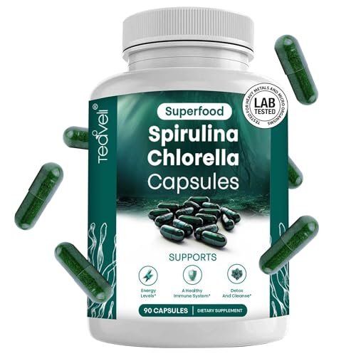 Spirulina und Chlorella Kapseln – Chlorophyll Tabletten & Blaualgen für kraftvolle Entgiftung, Energie & ein gesundes Immunsystem – 3x mehr Chlorella Spirulina Pulver/Portion – 90 Stück