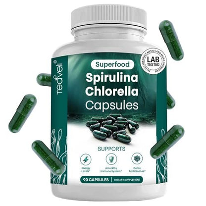 Spirulina und Chlorella Kapseln – Chlorophyll Tabletten & Blaualgen für kraftvolle Entgiftung, Energie & ein gesundes Immunsystem – 3x mehr Chlorella Spirulina Pulver/Portion – 90 Stück