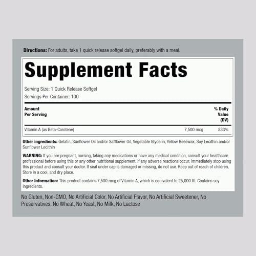 Piping Rock Beta-Carotin 25000 IE Weichkapseln | 7500 mcg | 100 Stück | Vitamin-A-Präparat | Nicht-GVO, Glutenfrei