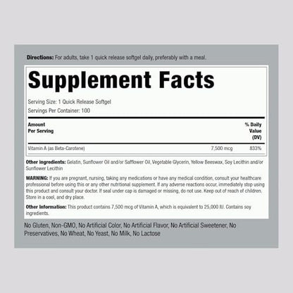 Piping Rock Beta-Carotin 25000 IE Weichkapseln | 7500 mcg | 100 Stück | Vitamin-A-Präparat | Nicht-GVO, Glutenfrei