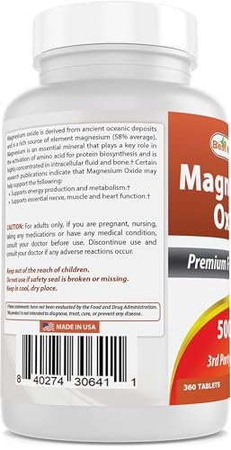 Best Naturals Magnesiumoxid 500 mg - 360 Tabletten - Jahresvorrat - Magnesium für Immunsystem, Muskelregeneration, Wadenkrämpfe, Entspannung
