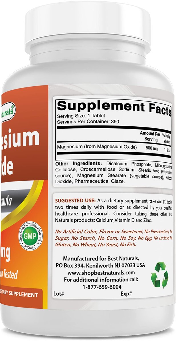 Best Naturals Magnesiumoxid 500 mg - 360 Tabletten - Jahresvorrat - Magnesium für Immunsystem, Muskelregeneration, Wadenkrämpfe, Entspannung