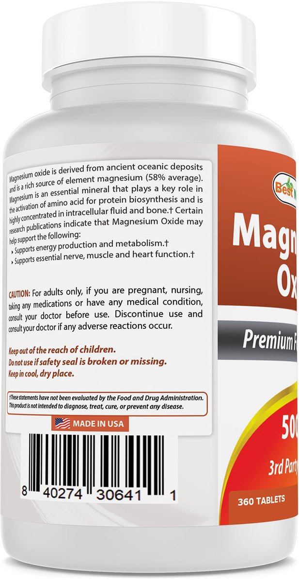 Best Naturals Magnesiumoxid 500 mg - 360 Tabletten - Jahresvorrat - Magnesium für Immunsystem, Muskelregeneration, Wadenkrämpfe, Entspannung