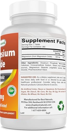 Best Naturals Magnesiumoxid 500 mg - 360 Tabletten - Jahresvorrat - Magnesium für Immunsystem, Muskelregeneration, Wadenkrämpfe, Entspannung