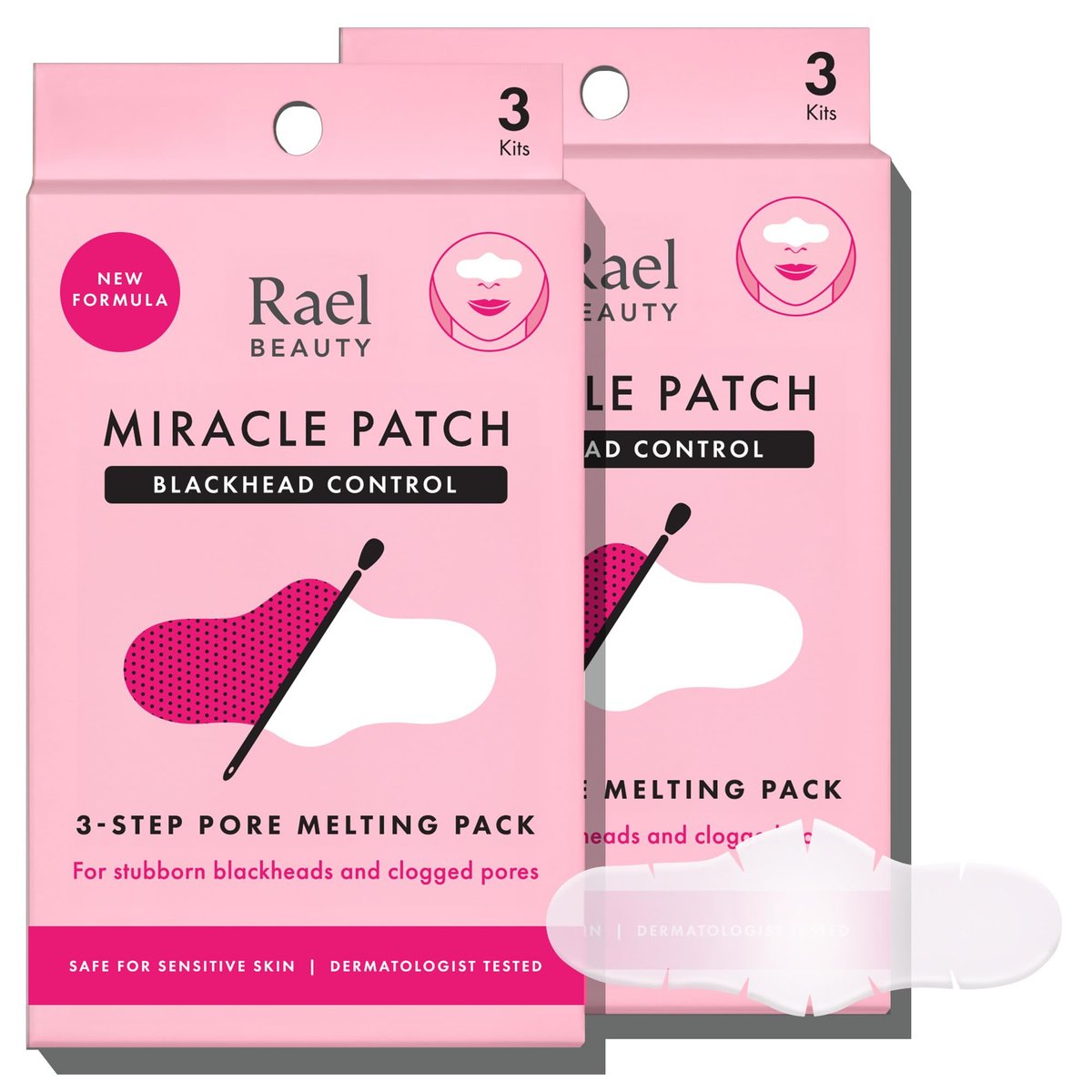 Rael Blackhead Remover - Miracle Patch Melting Pack, Nasenstreifen für Mitesser, Porenreinigung und beruhigende Blätter, 3-Schritte-Set, Mitesser-entfernende Wattestäbchen, 2er-Pack