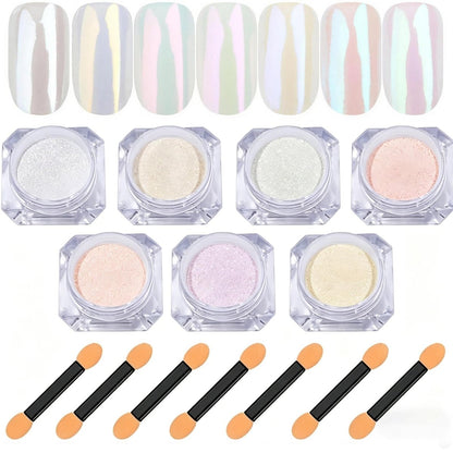 7 Farben Chrom Nagelpuder Set, Weiße Perle, Irisierendes Aurora Metallic Spiegel Effekt Dip Nagelpuder Kit, Gel Politur Holographisch Meerjungfrau Pigment, Harz Handwerk, Nagelkunst Geschenk für Frauen