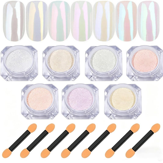 7 Farben Chrom Nagelpuder Set, Weiße Perle, Irisierendes Aurora Metallic Spiegel Effekt Dip Nagelpuder Kit, Gel Politur Holographisch Meerjungfrau Pigment, Harz Handwerk, Nagelkunst Geschenk für Frauen
