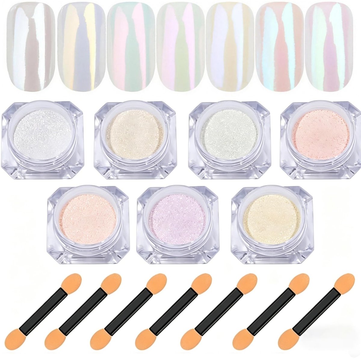 7 Farben Chrom Nagelpuder Set, Weiße Perle, Irisierendes Aurora Metallic Spiegel Effekt Dip Nagelpuder Kit, Gel Politur Holographisch Meerjungfrau Pigment, Harz Handwerk, Nagelkunst Geschenk für Frauen