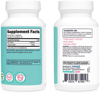 Nutricost Myo-Inositol & D-Chiro-Inositol für Frauen 2000mg, 120 Kapseln, 2000mg Myo & 50mg D-Chiro pro Portion, 30 Portionen, Vegetarierfreundlich, Non-GMO & Glutenfrei
