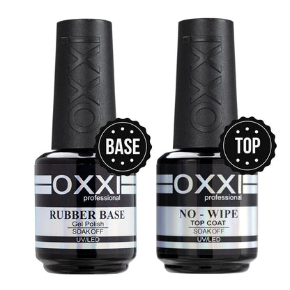 OXXI Professional Rubber Base Gel & No Wipe Top Coat Set 2x15ml – Selbstnivellierender Nagelbasislack und hochglänzender, kratzfester Überlack im Geschenkset