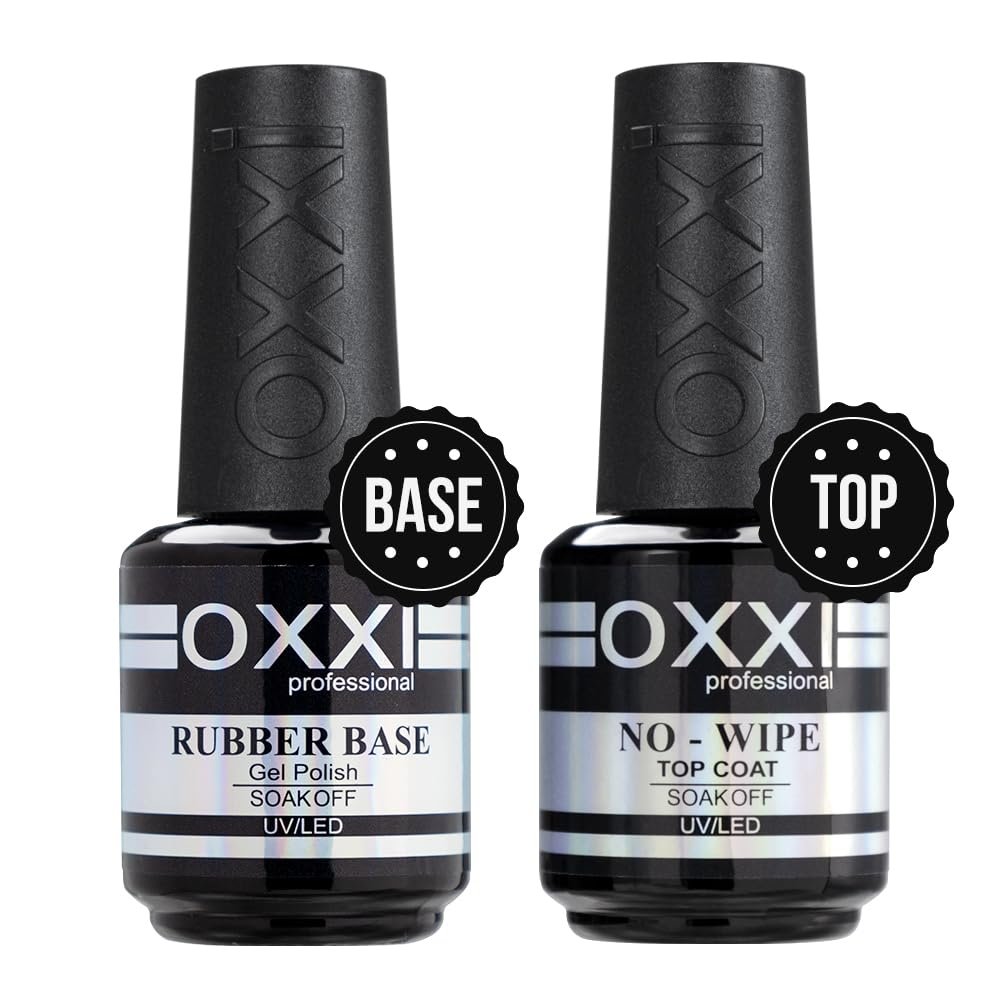 OXXI Professional Rubber Base Gel & No Wipe Top Coat Set 2x15ml – Selbstnivellierender Nagelbasislack und hochglänzender, kratzfester Überlack im Geschenkset
