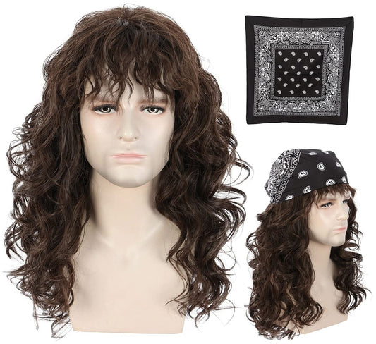 karlery Männer Lange Braune Welle Perücke mit Bandana 80er Heavy Metal Punk Rocker Kostüm Perücke für Halloween Cosplay Party