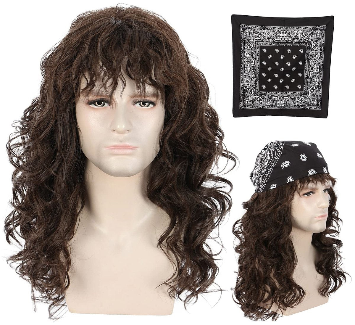 karlery Männer Lange Braune Welle Perücke mit Bandana 80er Heavy Metal Punk Rocker Kostüm Perücke für Halloween Cosplay Party