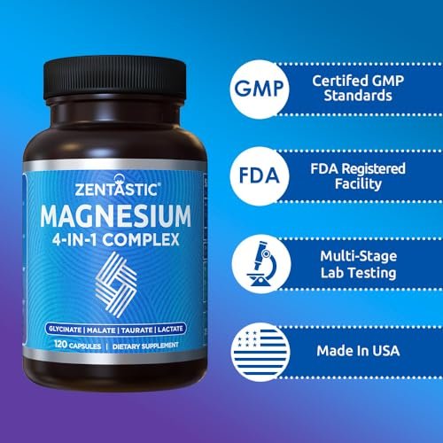Zentastic Magnesium Komplex 4-in-1 – Magnesiumglycinat, Malat, Taurat & Lactat – Chelatiert, hoch absorbierbar für Nerven, Muskeln, Knochen & Immunsystem – 120 Kapseln