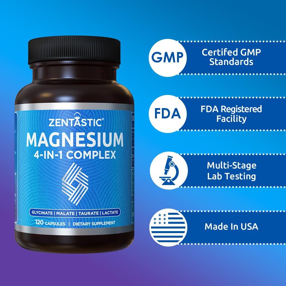 Zentastic Magnesium Komplex 4-in-1 – Magnesiumglycinat, Malat, Taurat & Lactat – Chelatiert, hoch absorbierbar für Nerven, Muskeln, Knochen & Immunsystem – 120 Kapseln