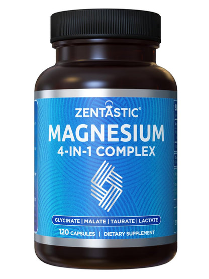 Zentastic Magnesium Komplex 4-in-1 – Magnesiumglycinat, Malat, Taurat & Lactat – Chelatiert, hoch absorbierbar für Nerven, Muskeln, Knochen & Immunsystem – 120 Kapseln