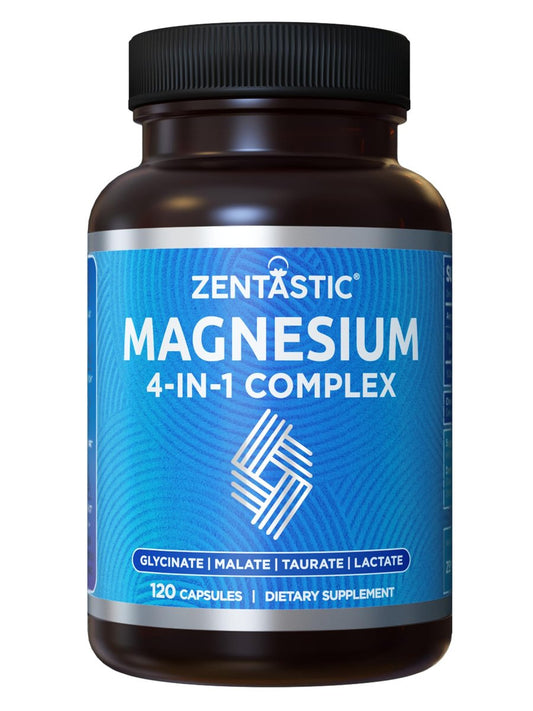 Zentastic Magnesium Komplex 4-in-1 – Magnesiumglycinat, Malat, Taurat & Lactat – Chelatiert, hoch absorbierbar für Nerven, Muskeln, Knochen & Immunsystem – 120 Kapseln
