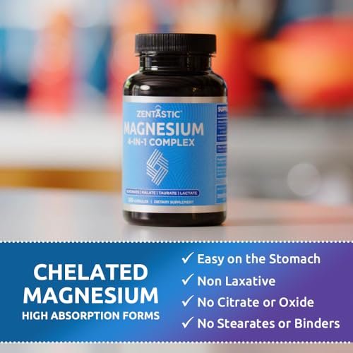 Zentastic Magnesium Komplex 4-in-1 – Magnesiumglycinat, Malat, Taurat & Lactat – Chelatiert, hoch absorbierbar für Nerven, Muskeln, Knochen & Immunsystem – 120 Kapseln