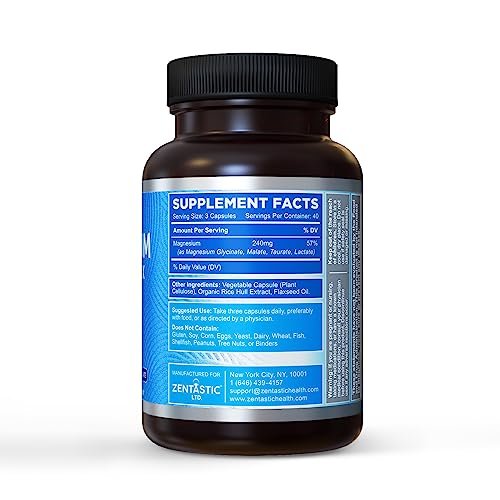 Zentastic Magnesium Komplex 4-in-1 – Magnesiumglycinat, Malat, Taurat & Lactat – Chelatiert, hoch absorbierbar für Nerven, Muskeln, Knochen & Immunsystem – 120 Kapseln