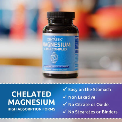 Zentastic Magnesium Komplex 4-in-1 – Magnesiumglycinat, Malat, Taurat & Lactat – Chelatiert, hoch absorbierbar für Nerven, Muskeln, Knochen & Immunsystem – 120 Kapseln