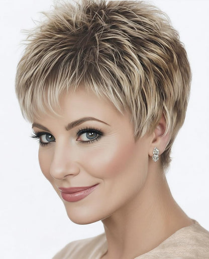 SEVENCOLORS Kurzhaar-Pixie-Perücke für weiße Frauen, gemischtes Blond mit braunem Ansatz, synthetisches Echthaar
