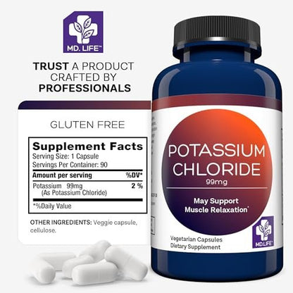 MD Life Kaliumchlorid Kapseln – 99mg, 90 Stück – Laborgeprüftes Kaliumpräparat zur Unterstützung von Muskelfunktion und gesundem Blutdruck – Vegetarisch