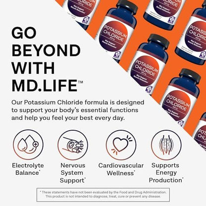 MD Life Kaliumchlorid Kapseln – 99mg, 90 Stück – Laborgeprüftes Kaliumpräparat zur Unterstützung von Muskelfunktion und gesundem Blutdruck – Vegetarisch