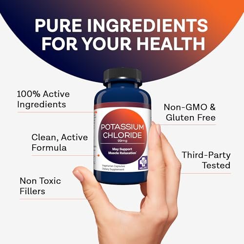 MD Life Kaliumchlorid Kapseln – 99mg, 90 Stück – Laborgeprüftes Kaliumpräparat zur Unterstützung von Muskelfunktion und gesundem Blutdruck – Vegetarisch