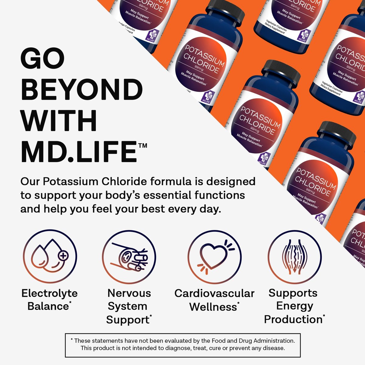 MD Life Kaliumchlorid Kapseln – 99mg, 90 Stück – Laborgeprüftes Kaliumpräparat zur Unterstützung von Muskelfunktion und gesundem Blutdruck – Vegetarisch
