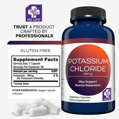 MD Life Kaliumchlorid Kapseln – 99mg, 90 Stück – Laborgeprüftes Kaliumpräparat zur Unterstützung von Muskelfunktion und gesundem Blutdruck – Vegetarisch
