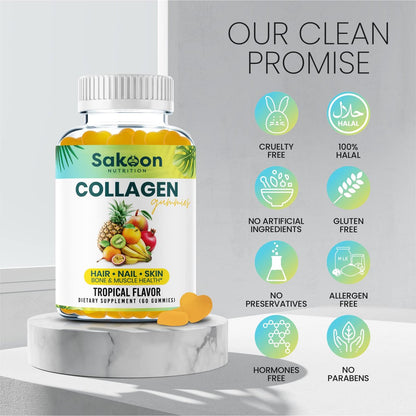 Sakoon Nutrition Halal Kollagen-Gummis für Frauen und Männer - Anti-Aging, Haarwachstum, Hautpflege & starke Nägel - Nicht-GVO, glutenfrei - Hergestellt in den USA