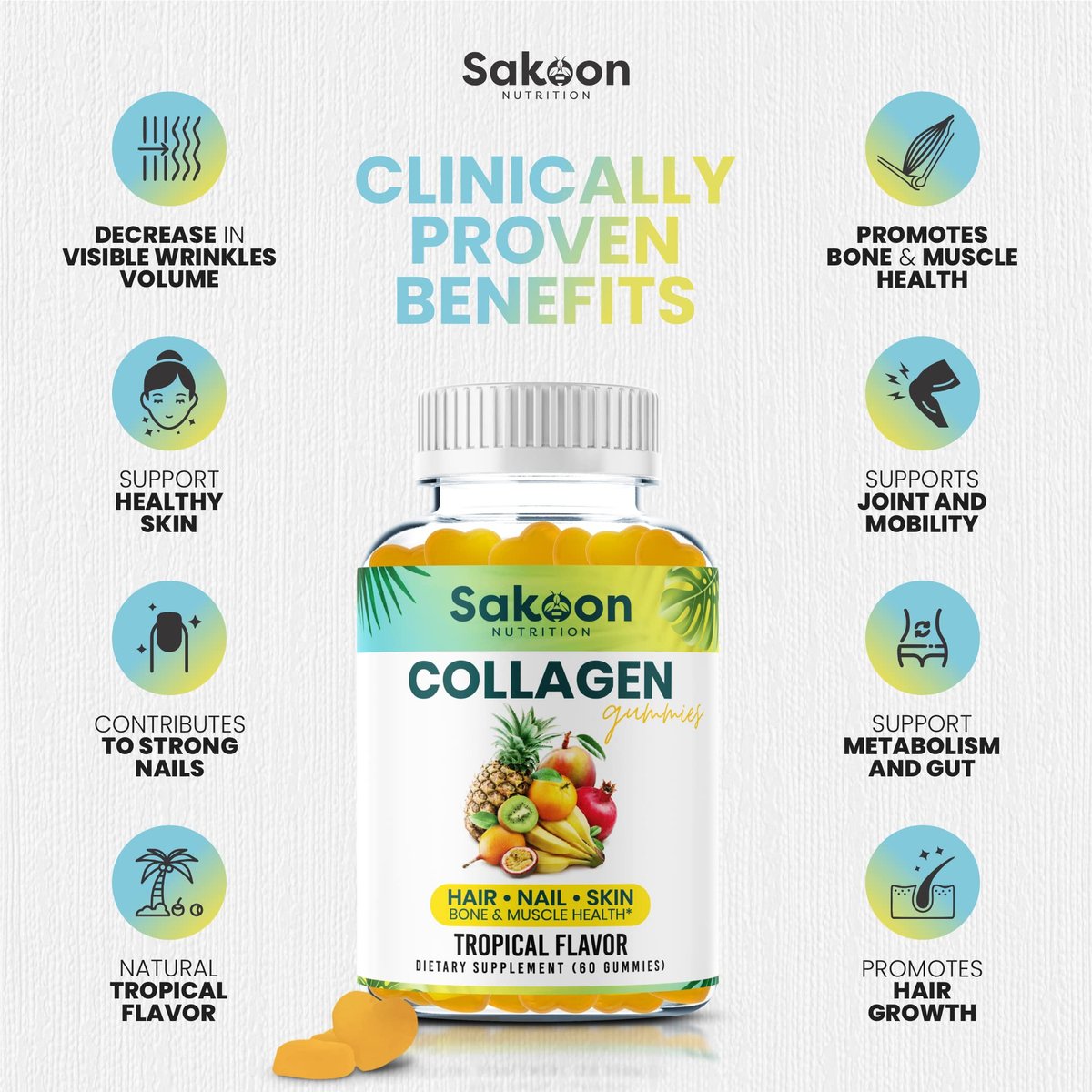 Sakoon Nutrition Halal Kollagen-Gummis für Frauen und Männer - Anti-Aging, Haarwachstum, Hautpflege & starke Nägel - Nicht-GVO, glutenfrei - Hergestellt in den USA