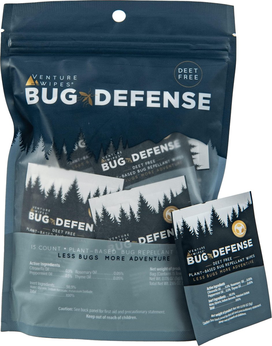 Venture Wipes Natürliche Mückenschutztücher - Reisegröße Insektenschutztücher mit Citronella, Pfefferminze & Rosmarin - DEET-freier Mückenschutz für Reisen, Outdoor & Terrasse - 15 Tücher Beutel