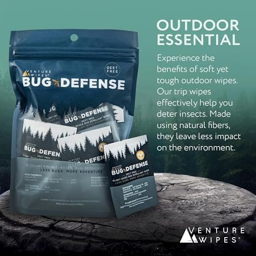 Venture Wipes Natürliche Mückenschutztücher - Reisegröße Insektenschutztücher mit Citronella, Pfefferminze & Rosmarin - DEET-freier Mückenschutz für Reisen, Outdoor & Terrasse - 15 Tücher Beutel