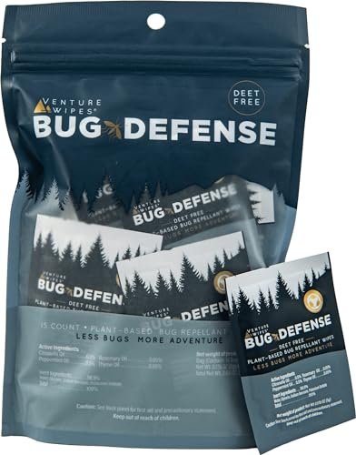 Venture Wipes Natürliche Mückenschutztücher - Reisegröße Insektenschutztücher mit Citronella, Pfefferminze & Rosmarin - DEET-freier Mückenschutz für Reisen, Outdoor & Terrasse - 15 Tücher Beutel
