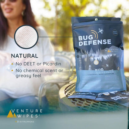 Venture Wipes Natürliche Mückenschutztücher - Reisegröße Insektenschutztücher mit Citronella, Pfefferminze & Rosmarin - DEET-freier Mückenschutz für Reisen, Outdoor & Terrasse - 15 Tücher Beutel