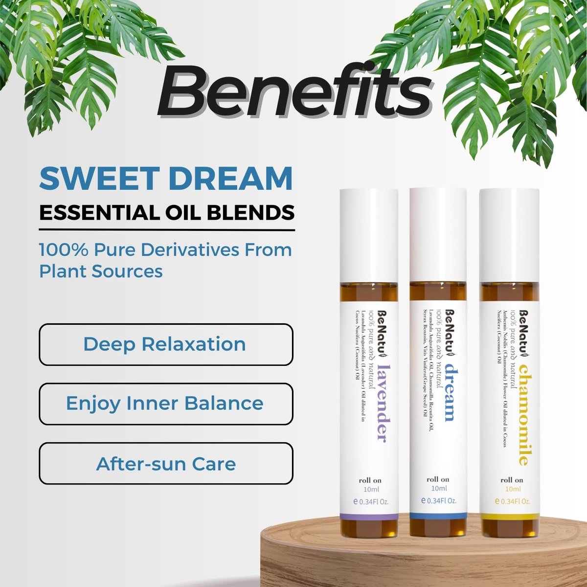 Benatu Ätherisches Öl Roll-On Set (Traum, Lavendel, Kamille) - Aromatherapie-Roller für Massage, Körperpflege, Zuhause - Natürlicher Duft Geschenk für Frauen und Männer