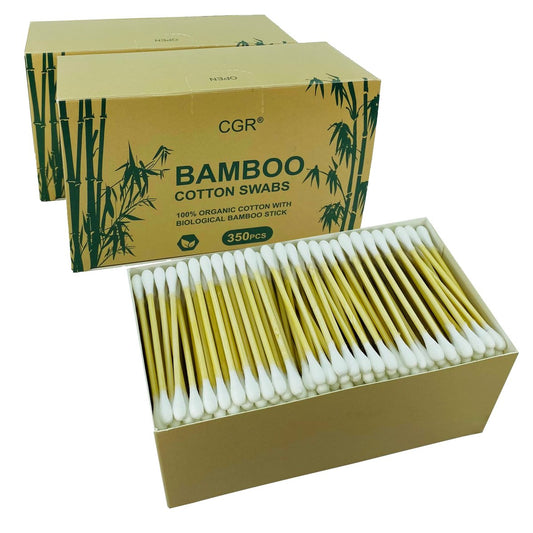 1050 Stück CGR Bio-Baumwoll-Wattestäbchen, 100% Baumwolle, doppelseitig, Bambusstiele (kompostierbar), Reiseverpackung (3 Packungen à 350 Stück)