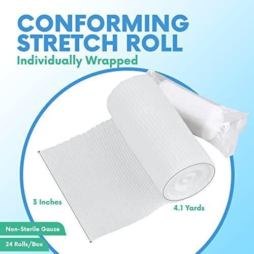 HEALQU Premium Mullbinden – 3' x 4,1 Yards – 24 Rollen, einzeln verpackt, konformierende Stretch-Gazebinde – superweiche gewebte Stretchbinden zur primären Wundversorgung und Unterstützung