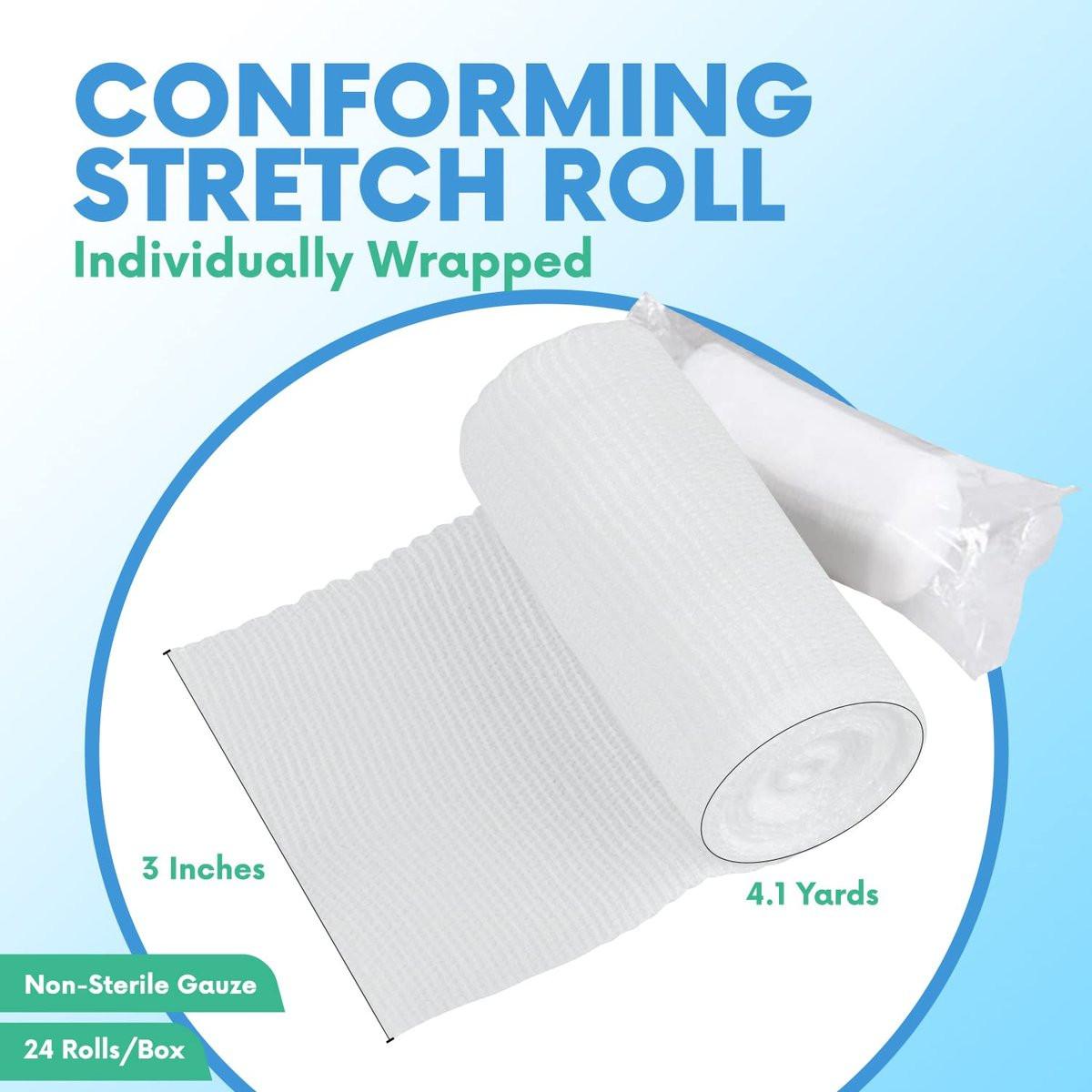 HEALQU Premium Mullbinden – 3' x 4,1 Yards – 24 Rollen, einzeln verpackt, konformierende Stretch-Gazebinde – superweiche gewebte Stretchbinden zur primären Wundversorgung und Unterstützung