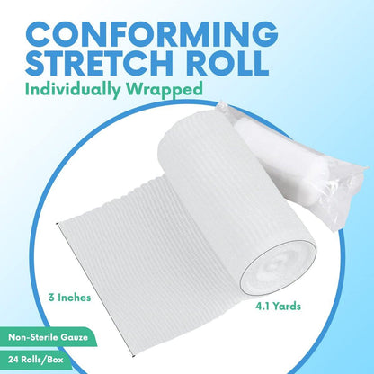 HEALQU Premium Mullbinden – 3' x 4,1 Yards – 24 Rollen, einzeln verpackt, konformierende Stretch-Gazebinde – superweiche gewebte Stretchbinden zur primären Wundversorgung und Unterstützung