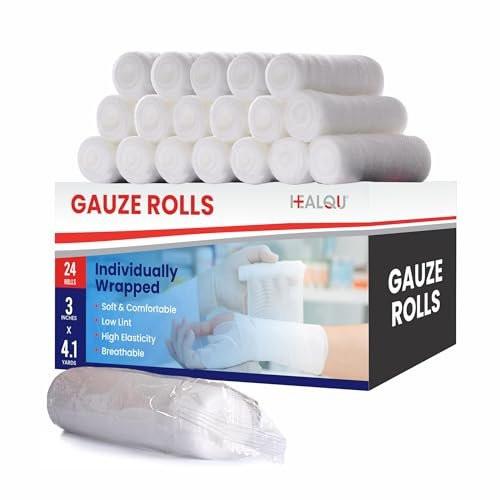 HEALQU Premium Mullbinden – 3' x 4,1 Yards – 24 Rollen, einzeln verpackt, konformierende Stretch-Gazebinde – superweiche gewebte Stretchbinden zur primären Wundversorgung und Unterstützung