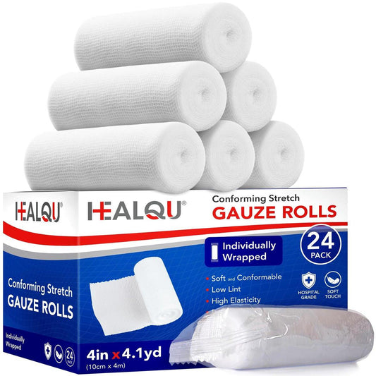 HEALQU Premium Mullbinden – 4" x 4 Yards, 24 Rollen, einzeln verpackt, konformierende Stretch-Gazebinde – superweiche gewebte Stretchbinden für primäre Wundversorgung und Unterstützung